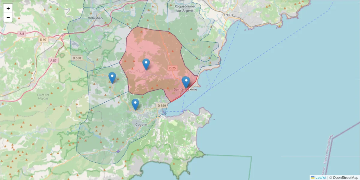 Carte de la zone du code postal  et des codes postaux voisins en France