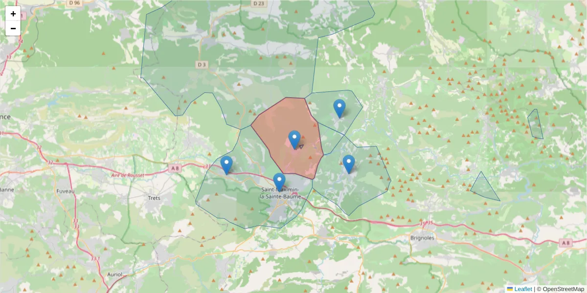 Carte de la zone du code postal  et des codes postaux voisins en France