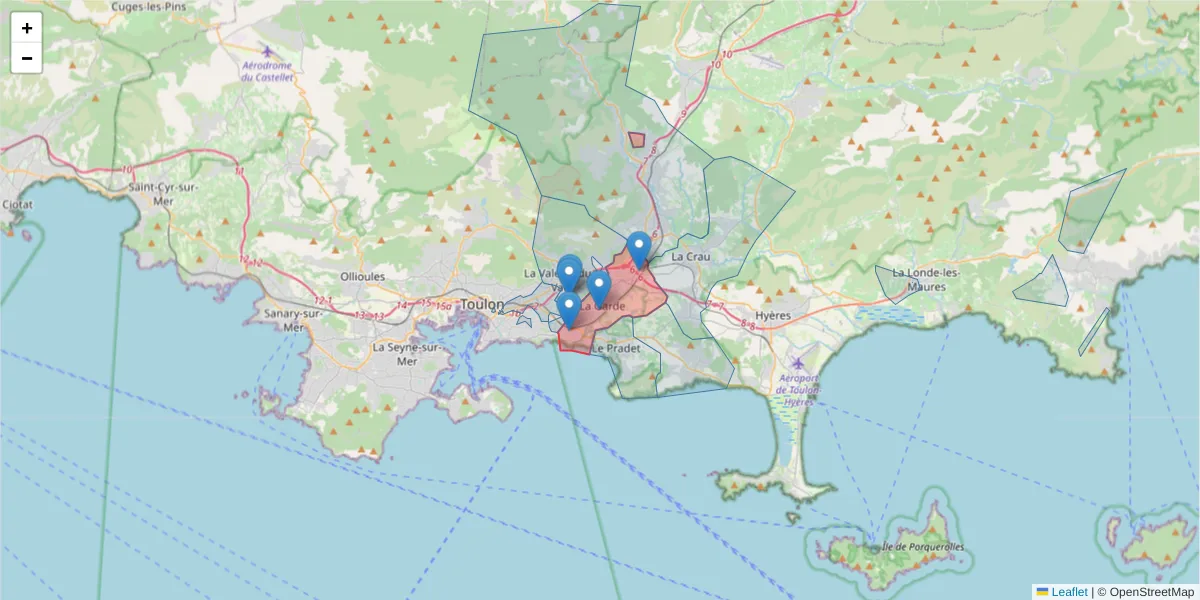 Carte de la zone du code postal  et des codes postaux voisins en France