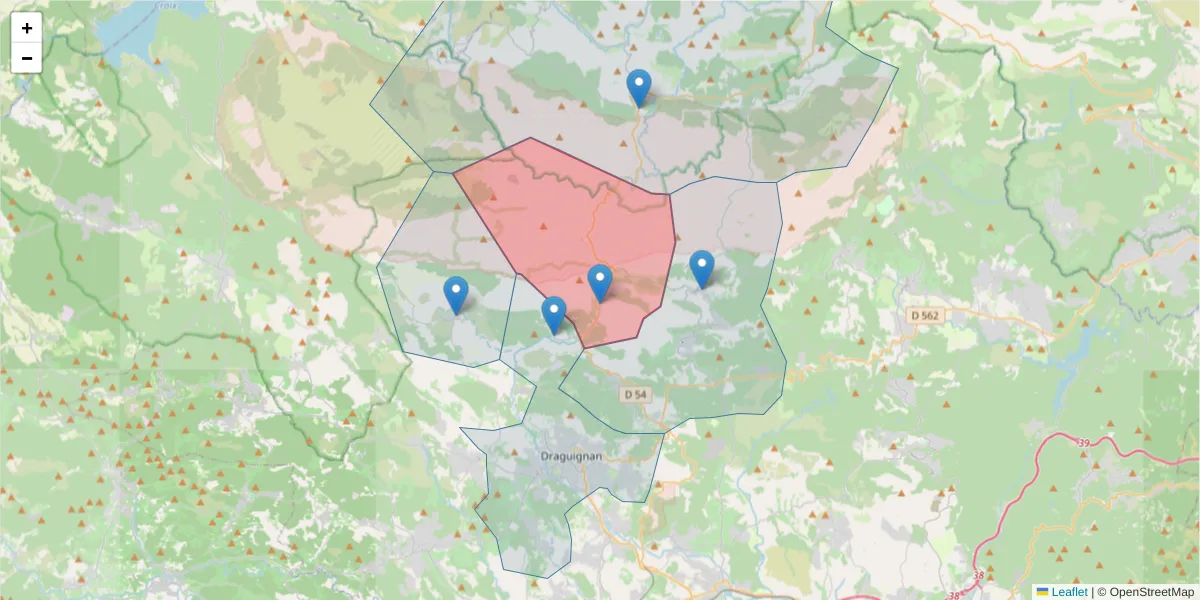 Carte de la zone du code postal  et des codes postaux voisins en France