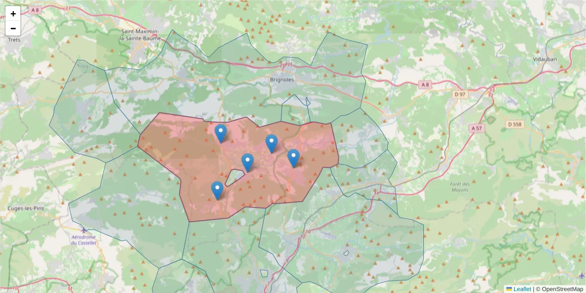 Carte de la zone du code postal  et des codes postaux voisins en France