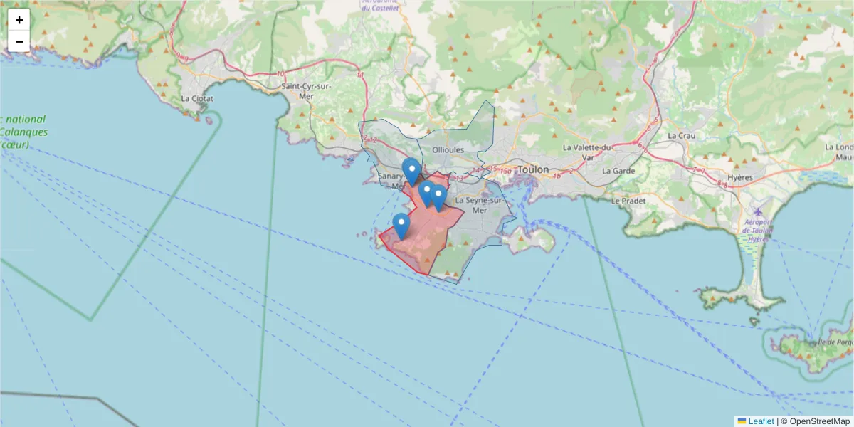 Carte de la zone du code postal  et des codes postaux voisins en France