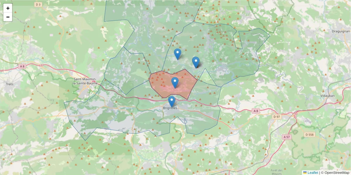 Carte de la zone du code postal  et des codes postaux voisins en France