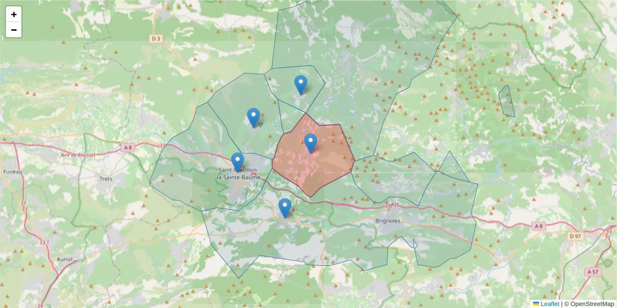 Carte de la zone du code postal  et des codes postaux voisins en France