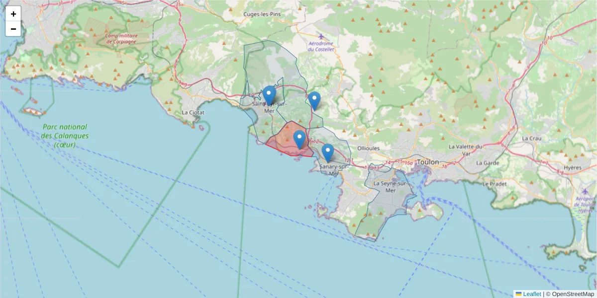 Carte de la zone du code postal  et des codes postaux voisins en France