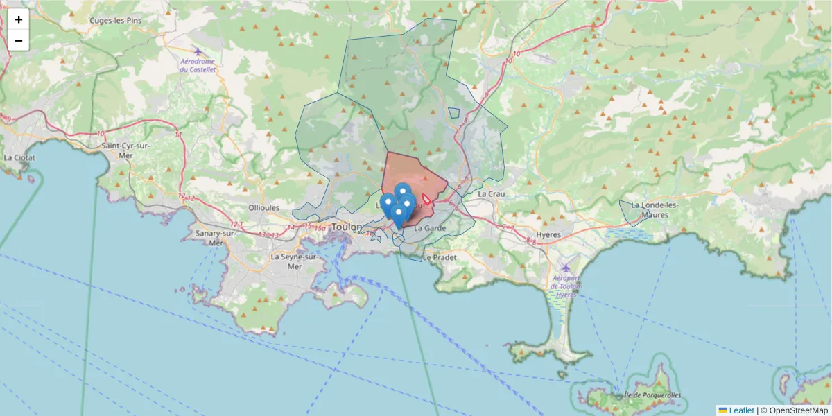 Carte de la zone du code postal  et des codes postaux voisins en France