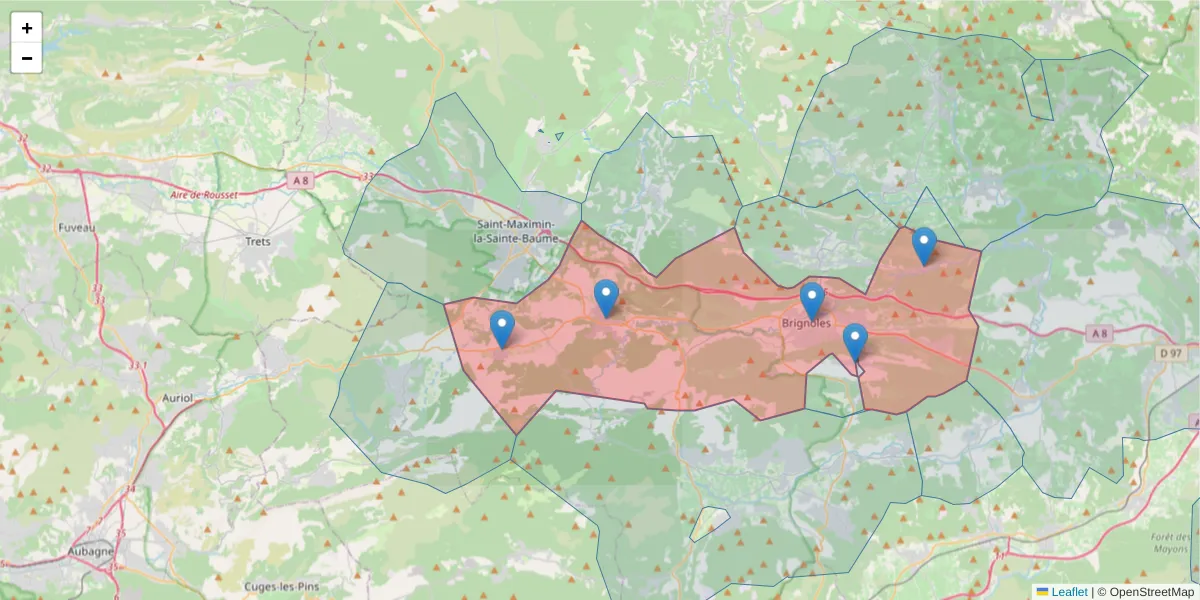 Carte de la zone du code postal  et des codes postaux voisins en France