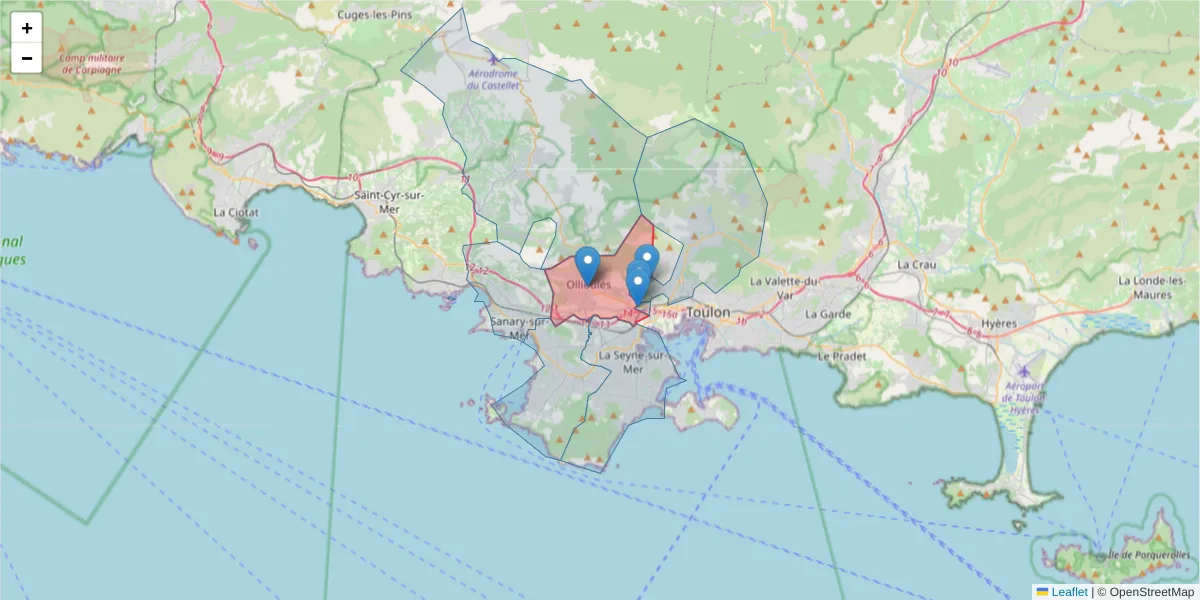 Carte de la zone du code postal  et des codes postaux voisins en France