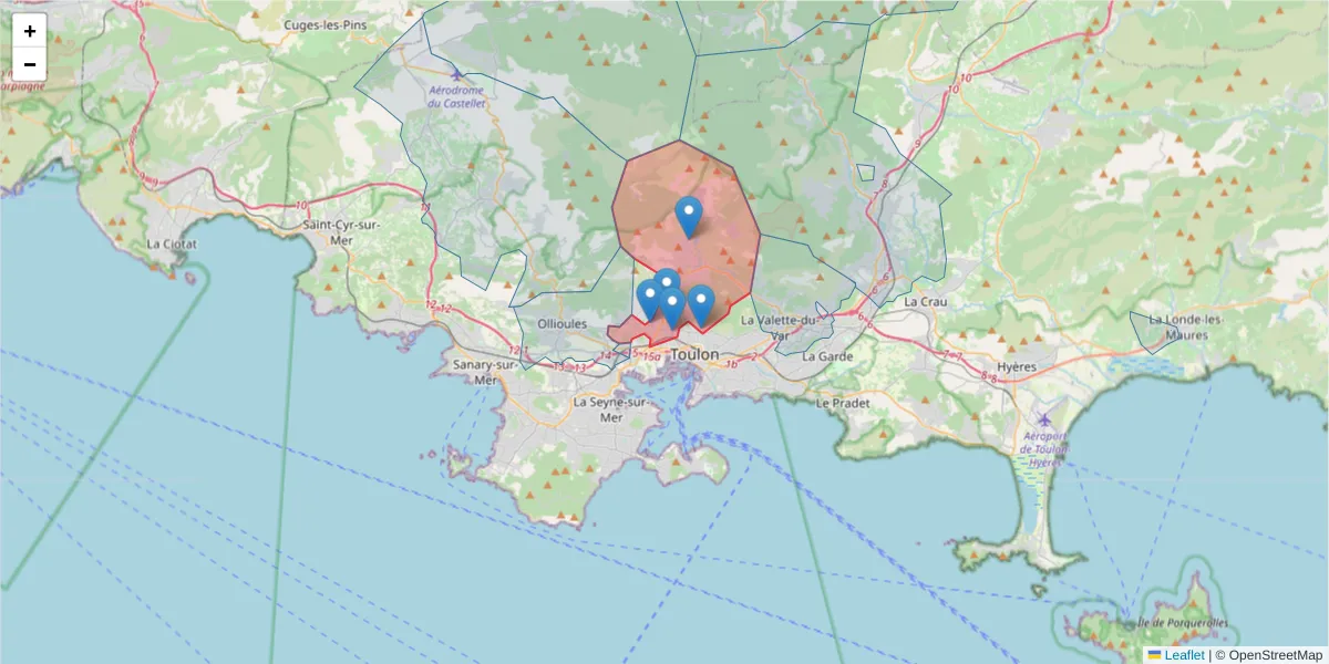 Carte de la zone du code postal  et des codes postaux voisins en France