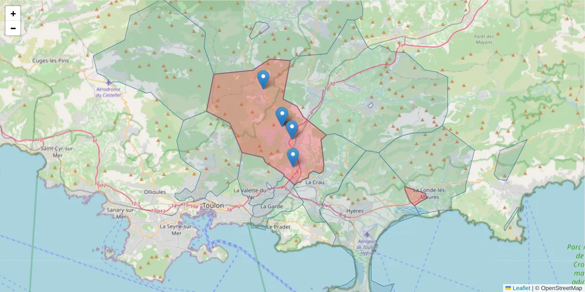 Carte de la zone du code postal  et des codes postaux voisins en France