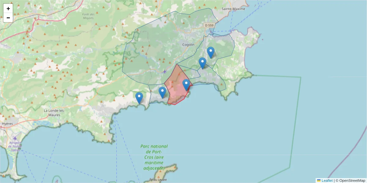 Carte de la zone du code postal  et des codes postaux voisins en France