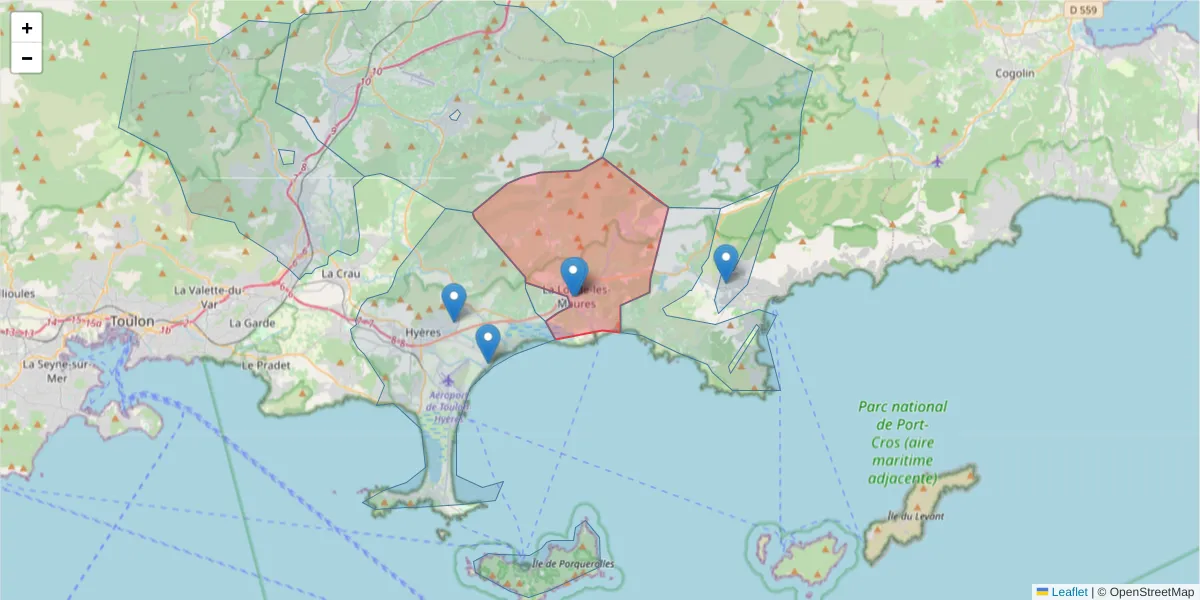 Carte de la zone du code postal  et des codes postaux voisins en France