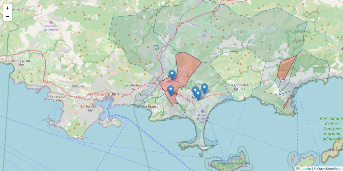 Carte de la zone du code postal  et des codes postaux voisins en France