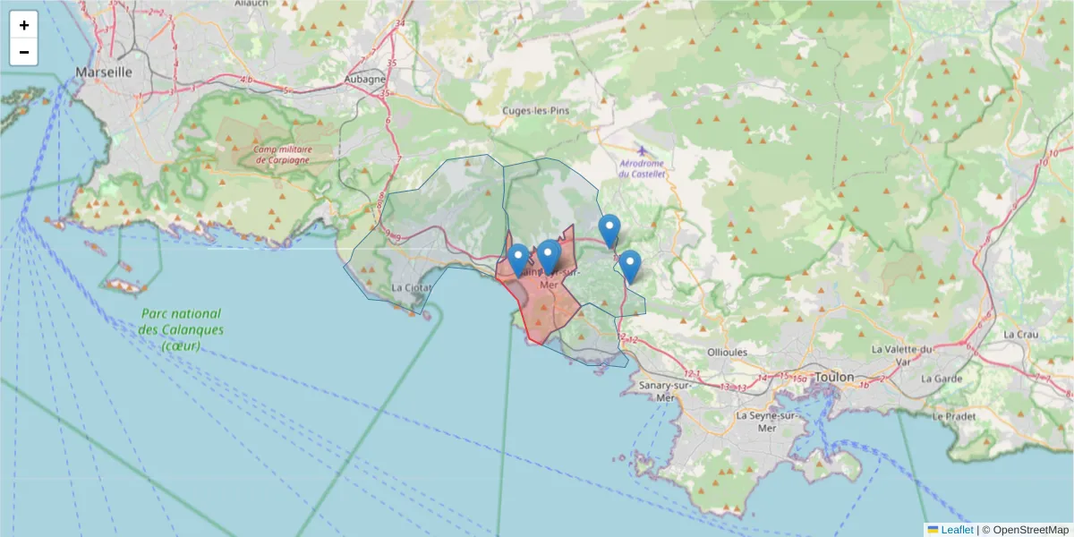 Carte de la zone du code postal  et des codes postaux voisins en France