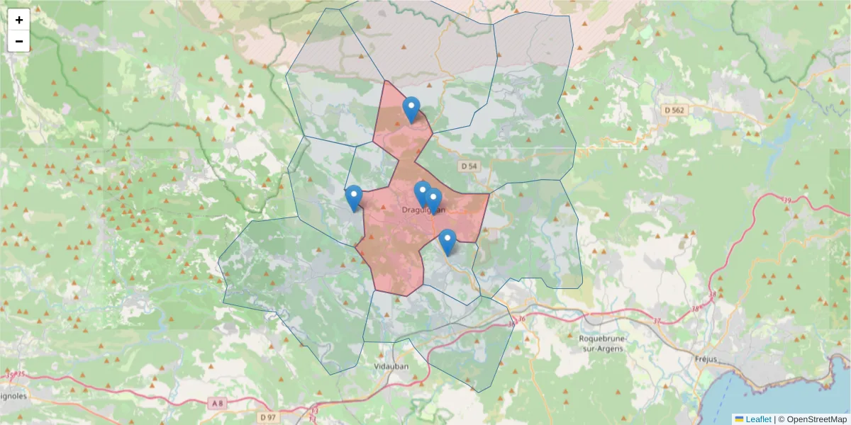 Carte de la zone du code postal  et des codes postaux voisins en France
