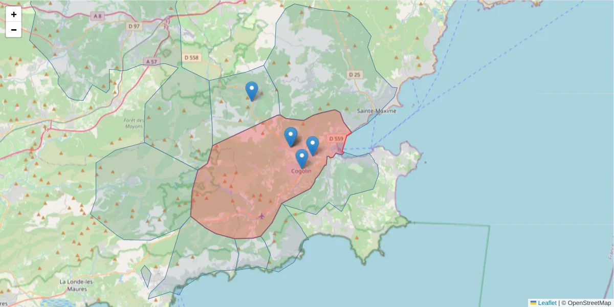 Carte de la zone du code postal  et des codes postaux voisins en France