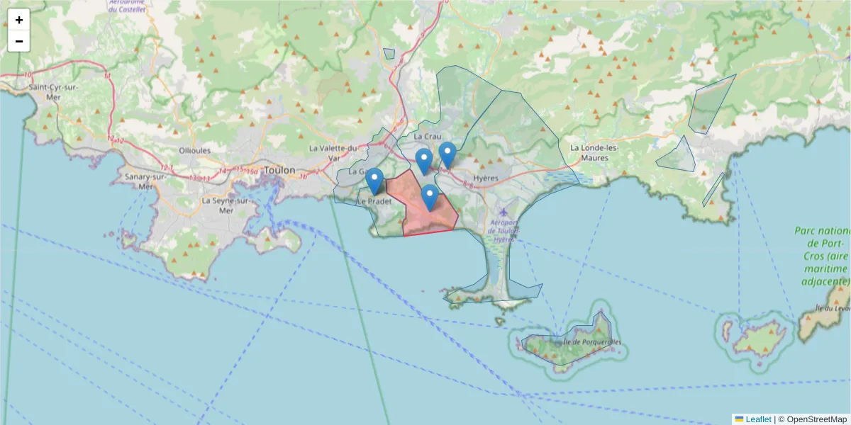Carte de la zone du code postal  et des codes postaux voisins en France