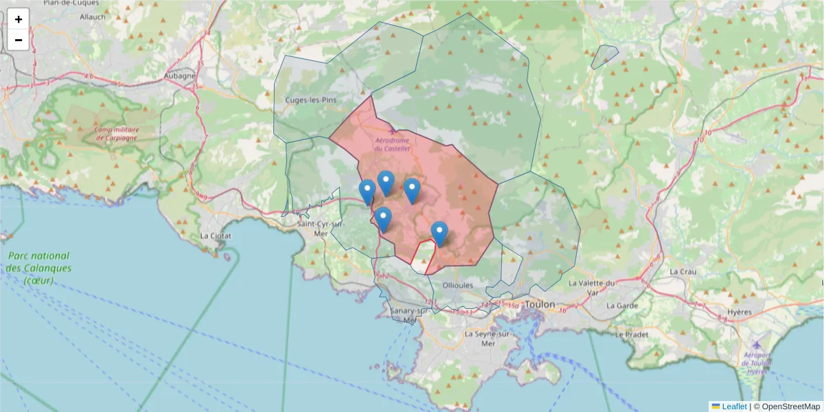 Carte de la zone du code postal  et des codes postaux voisins en France