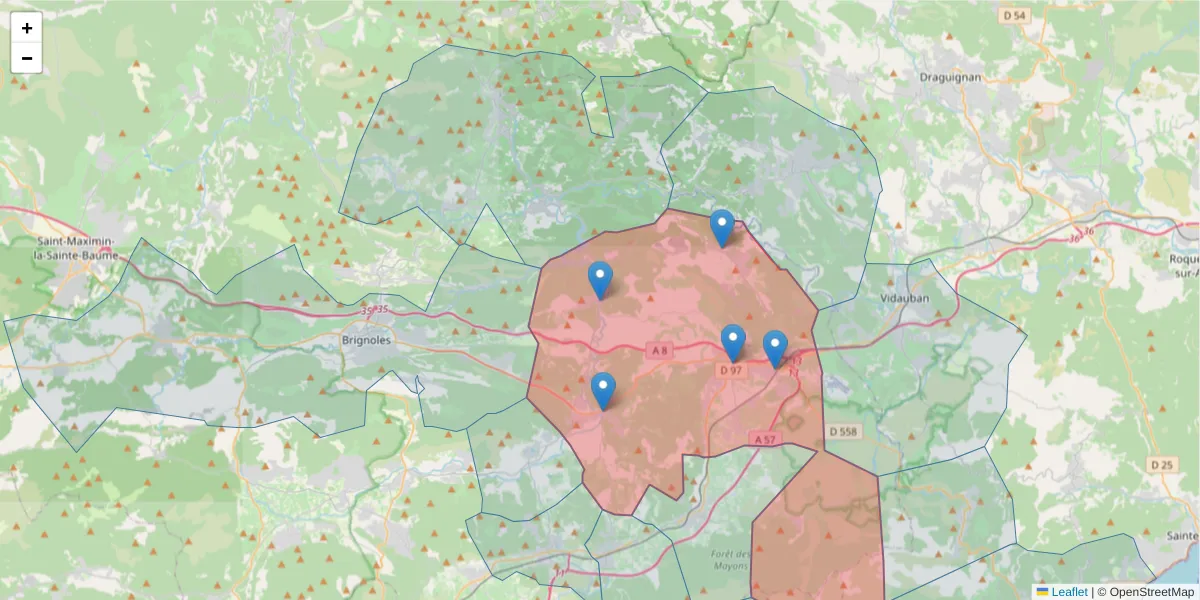 Carte de la zone du code postal  et des codes postaux voisins en France