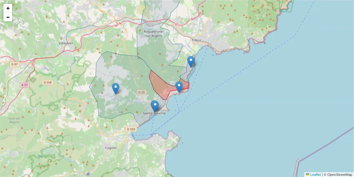 Carte de la zone du code postal  et des codes postaux voisins en France