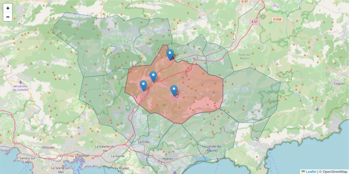 Carte de la zone du code postal  et des codes postaux voisins en France