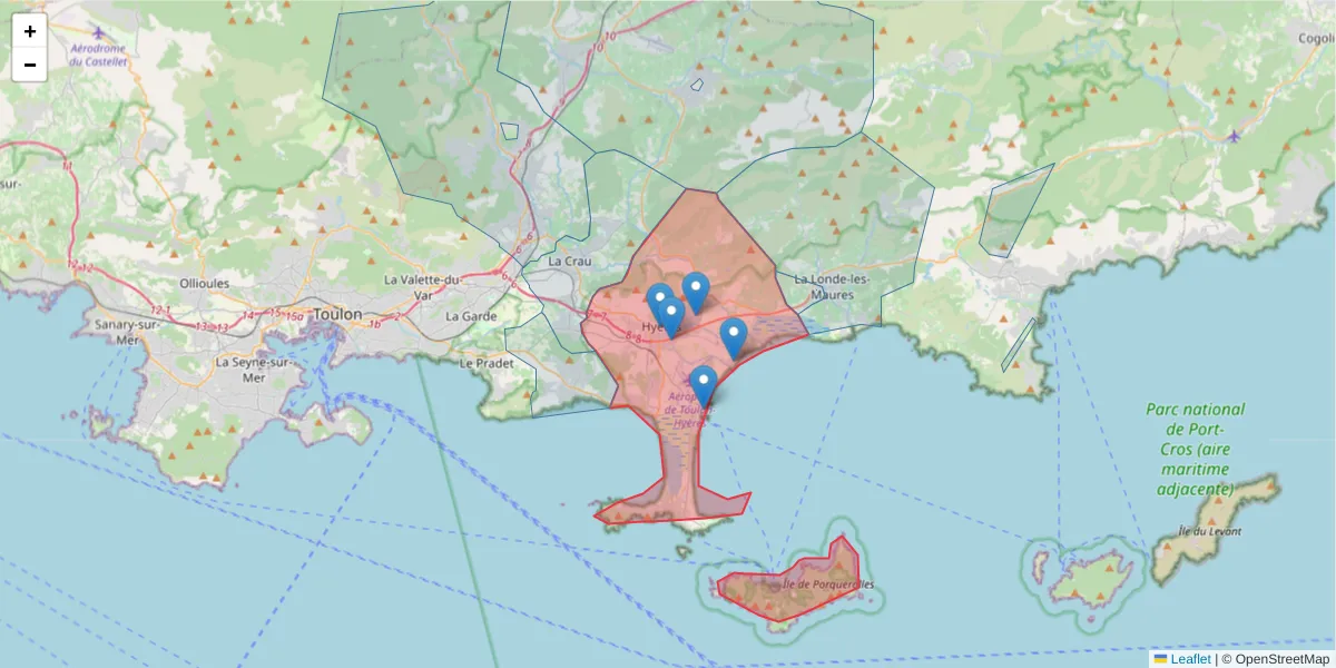 Carte de la zone du code postal  et des codes postaux voisins en France