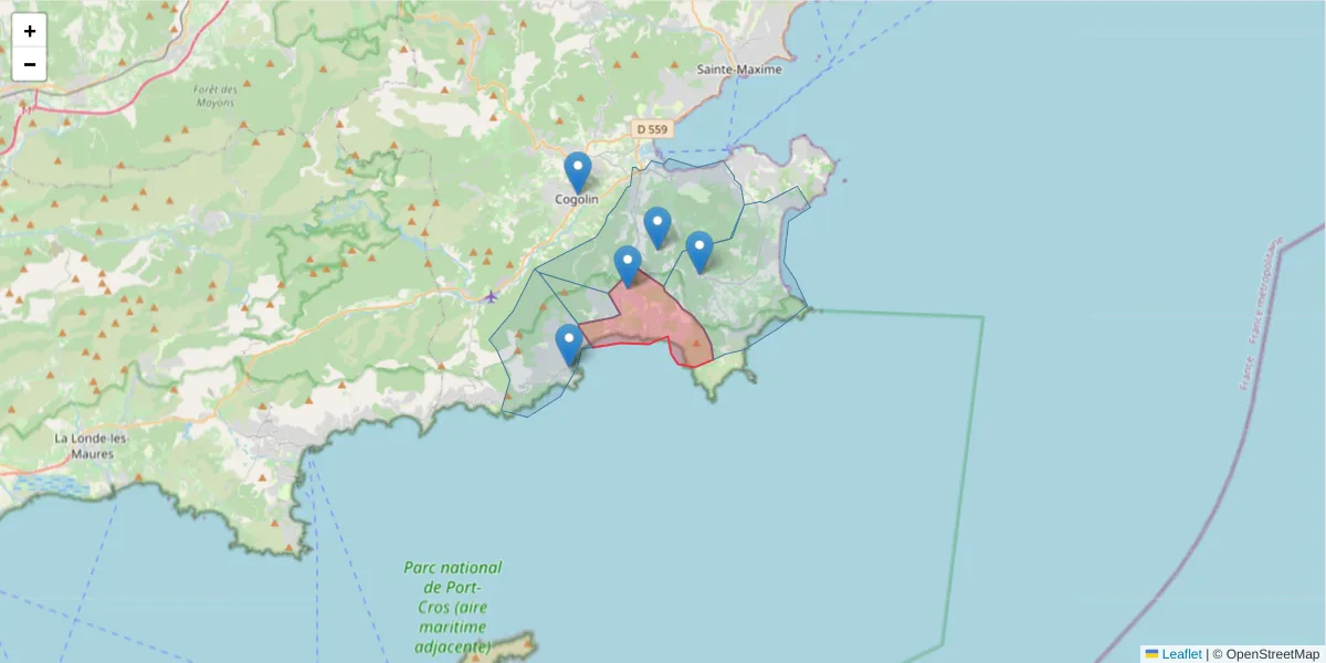 Carte de la zone du code postal  et des codes postaux voisins en France