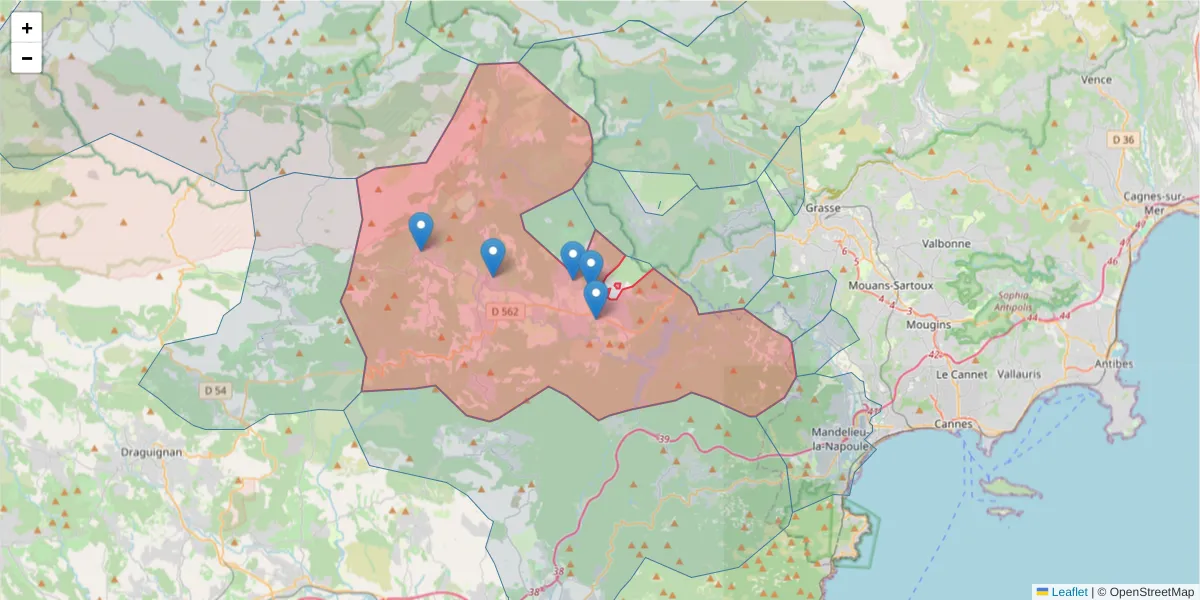 Carte de la zone du code postal  et des codes postaux voisins en France