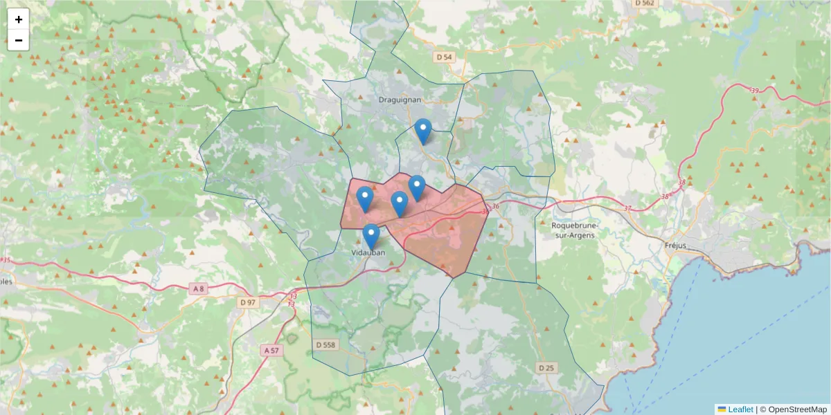 Carte de la zone du code postal  et des codes postaux voisins en France