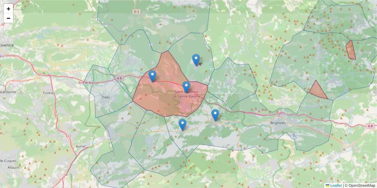 Carte de la zone du code postal  et des codes postaux voisins en France