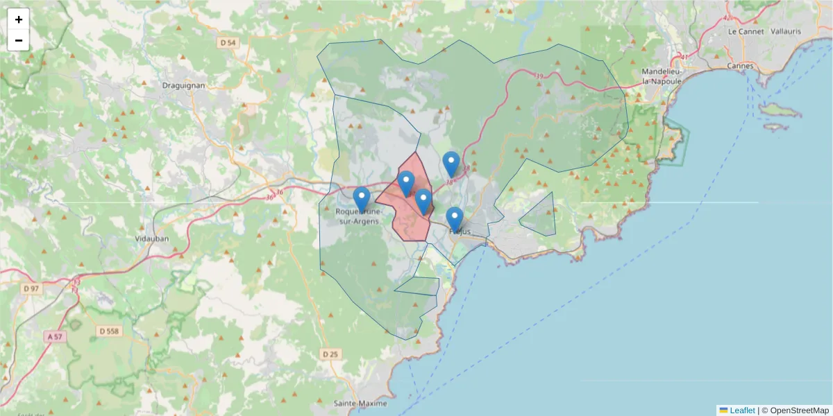 Carte de la zone du code postal  et des codes postaux voisins en France