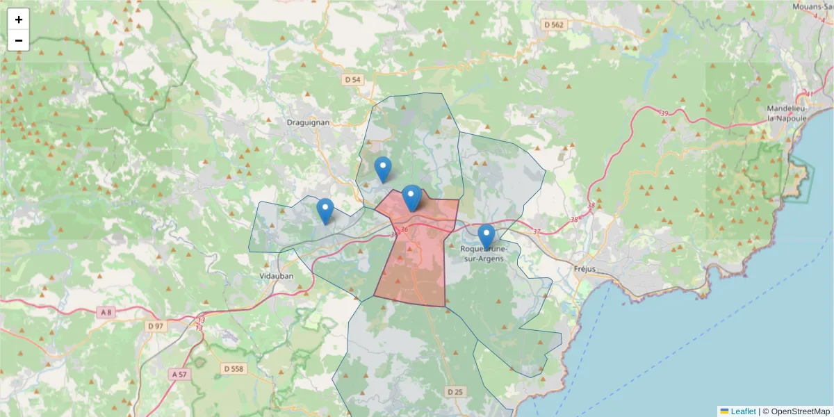 Carte de la zone du code postal  et des codes postaux voisins en France