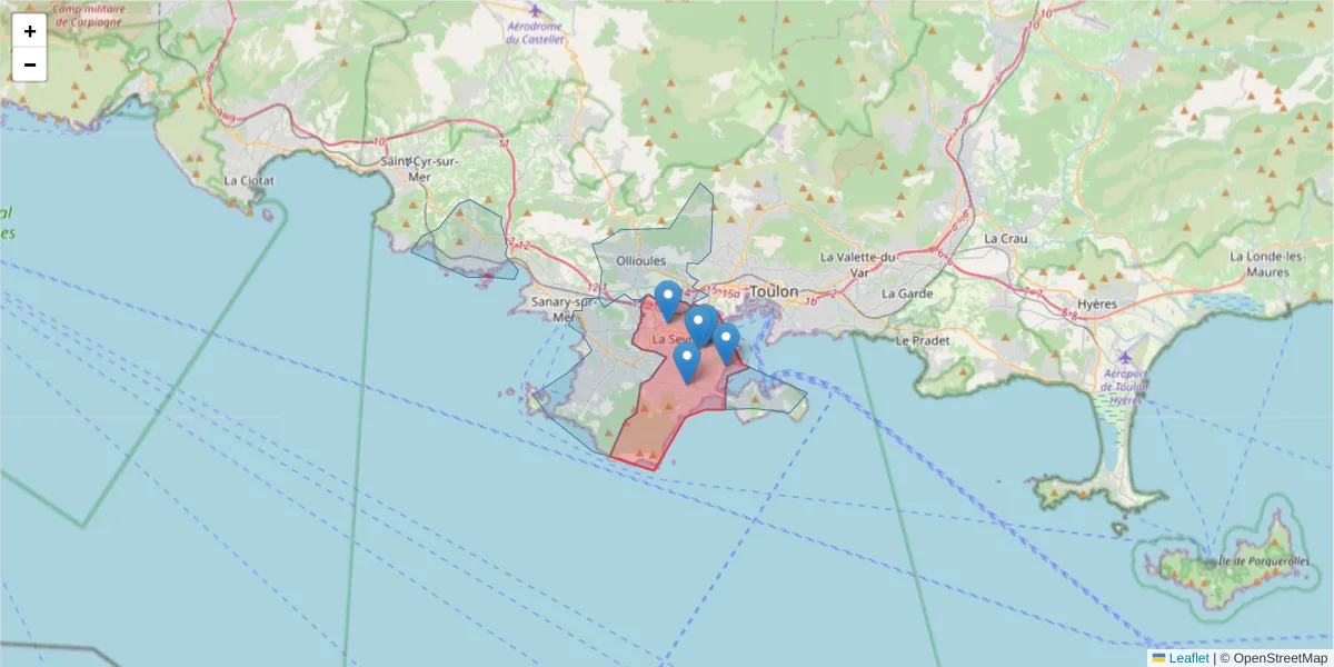 Carte de la zone du code postal  et des codes postaux voisins en France