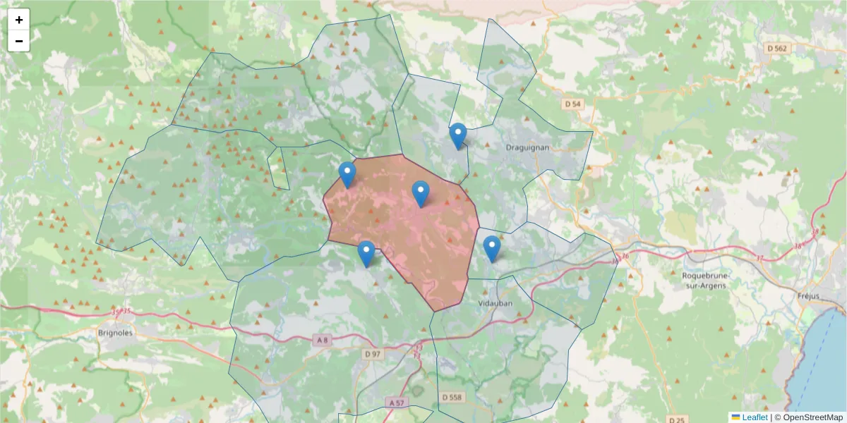Carte de la zone du code postal  et des codes postaux voisins en France