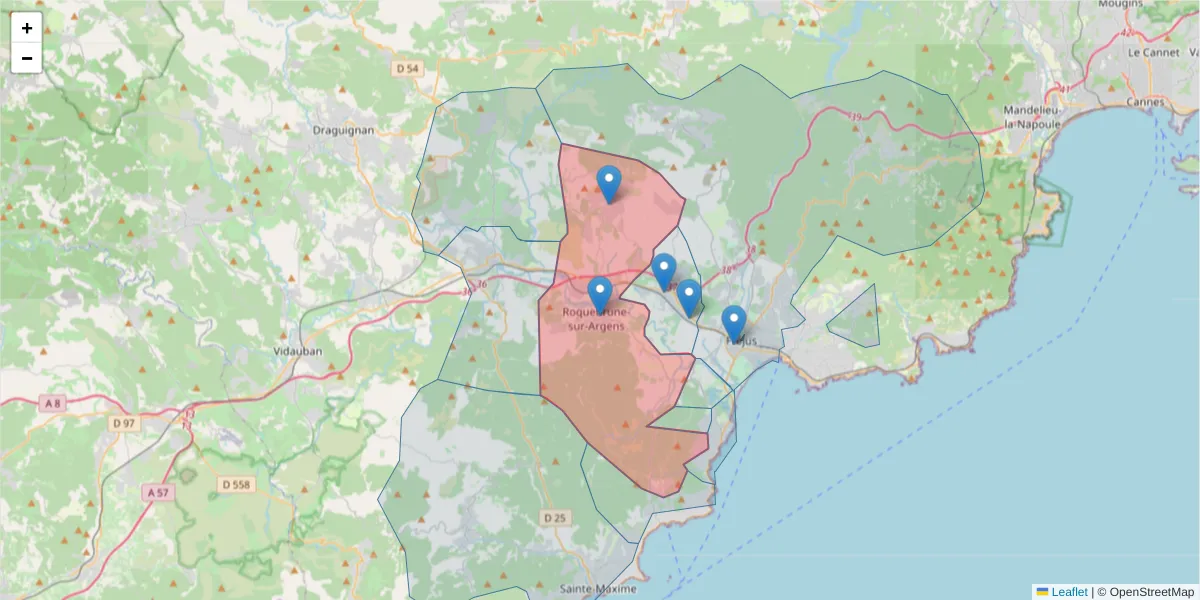 Carte de la zone du code postal  et des codes postaux voisins en France