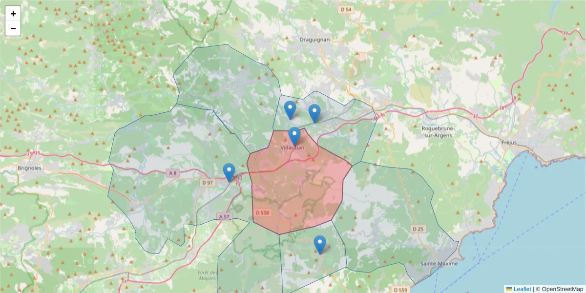 Carte de la zone du code postal  et des codes postaux voisins en France