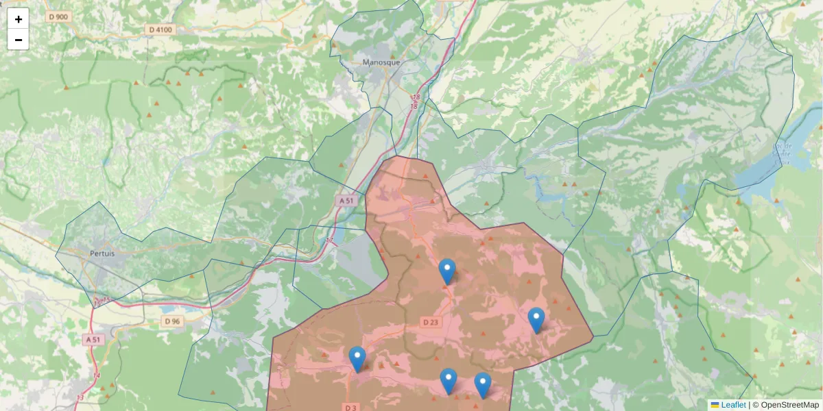 Carte de la zone du code postal  et des codes postaux voisins en France