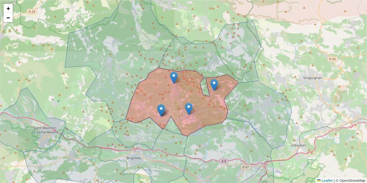 Carte de la zone du code postal  et des codes postaux voisins en France