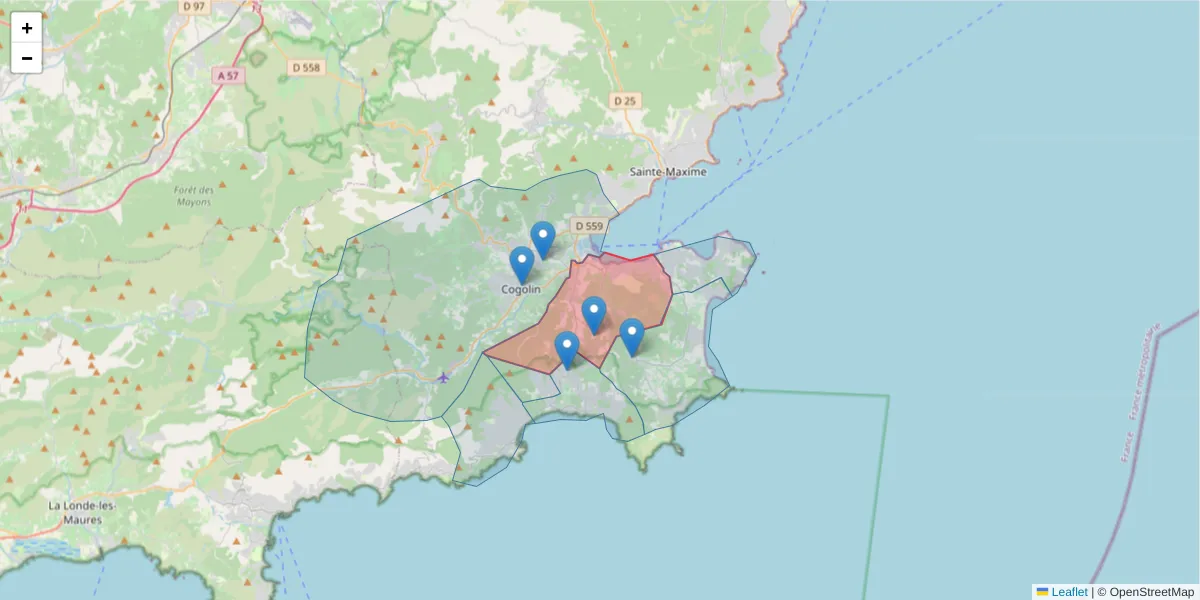 Carte de la zone du code postal  et des codes postaux voisins en France