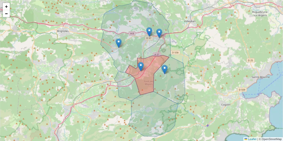 Carte de la zone du code postal  et des codes postaux voisins en France