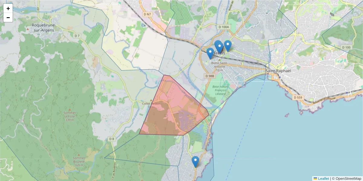 Carte de la zone du code postal  et des codes postaux voisins en France