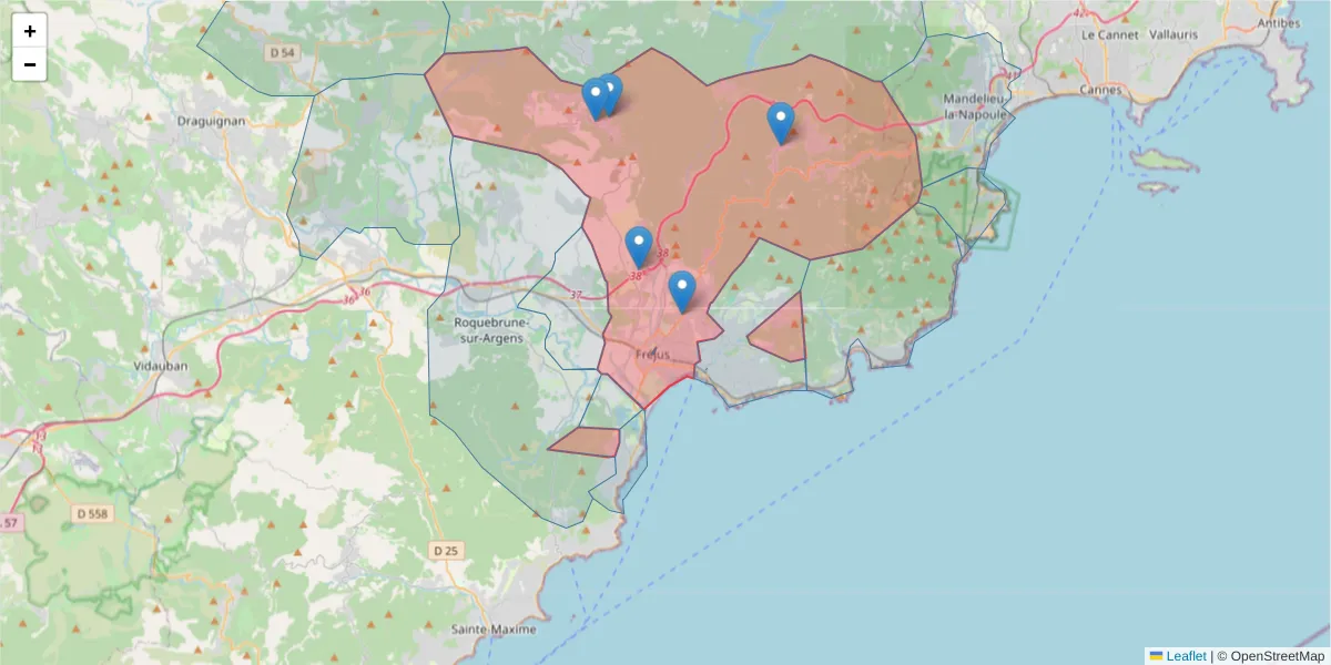 Carte de la zone du code postal  et des codes postaux voisins en France