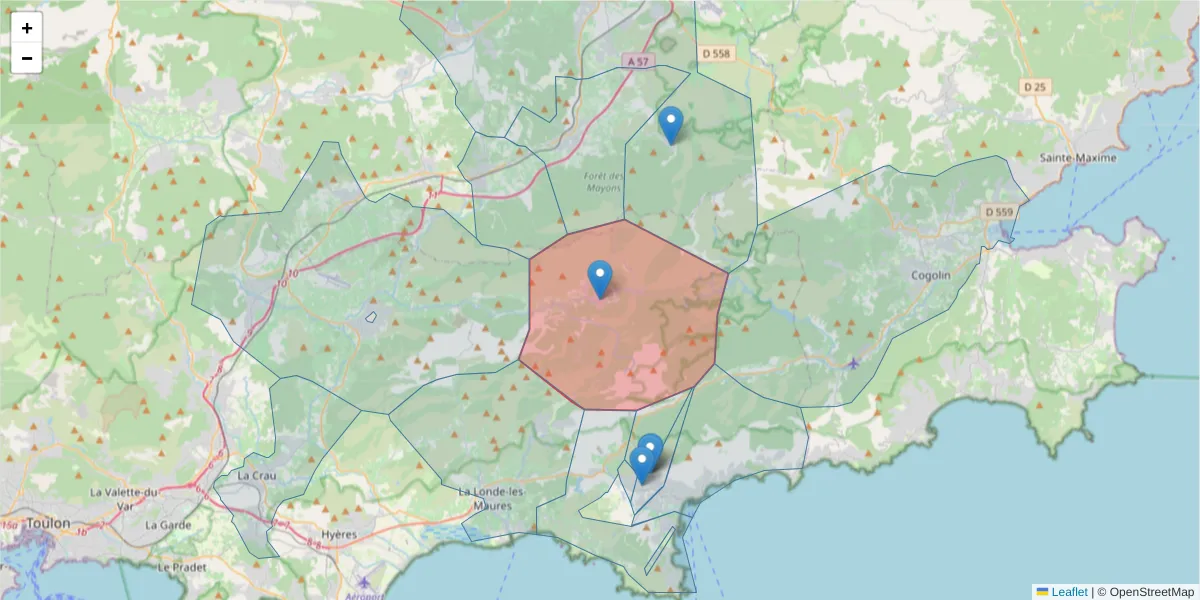 Carte de la zone du code postal  et des codes postaux voisins en France