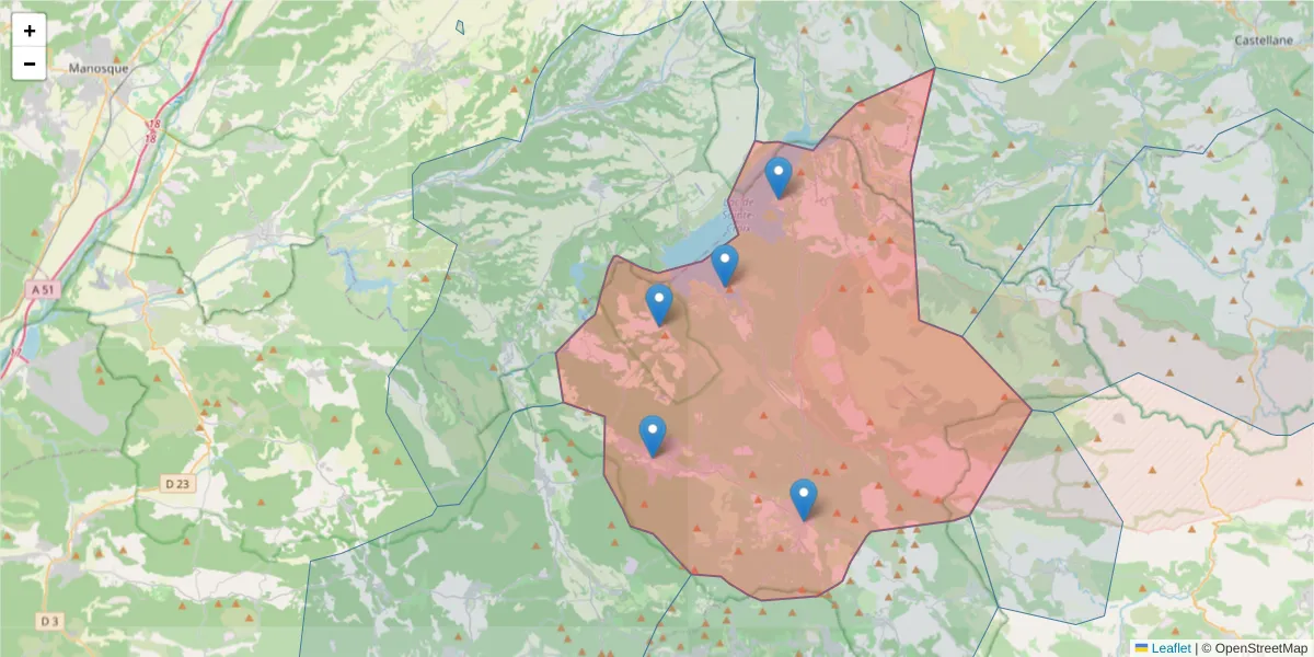 Carte de la zone du code postal  et des codes postaux voisins en France