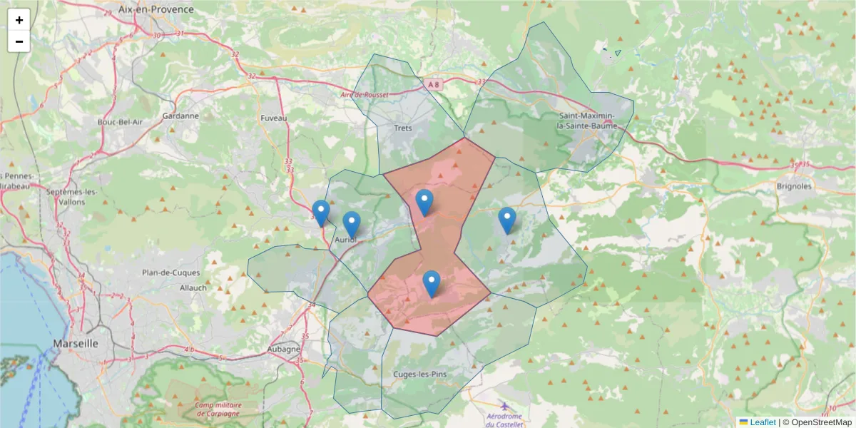 Carte de la zone du code postal  et des codes postaux voisins en France