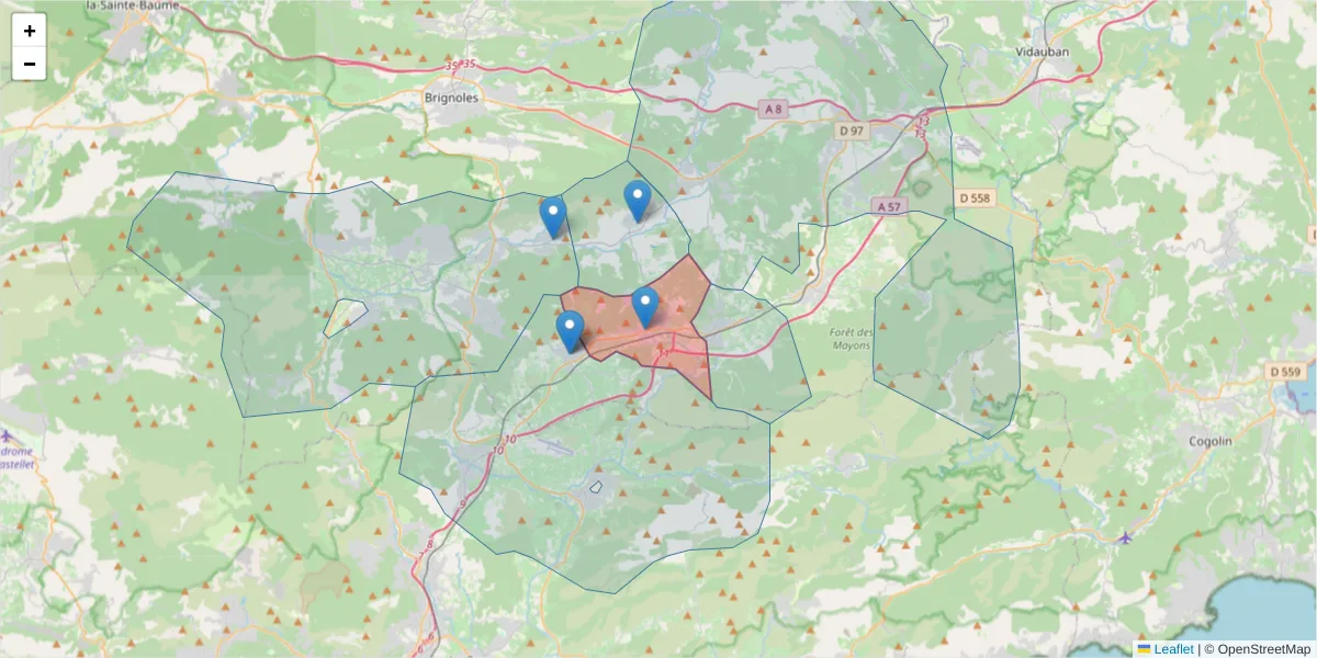 Carte de la zone du code postal  et des codes postaux voisins en France