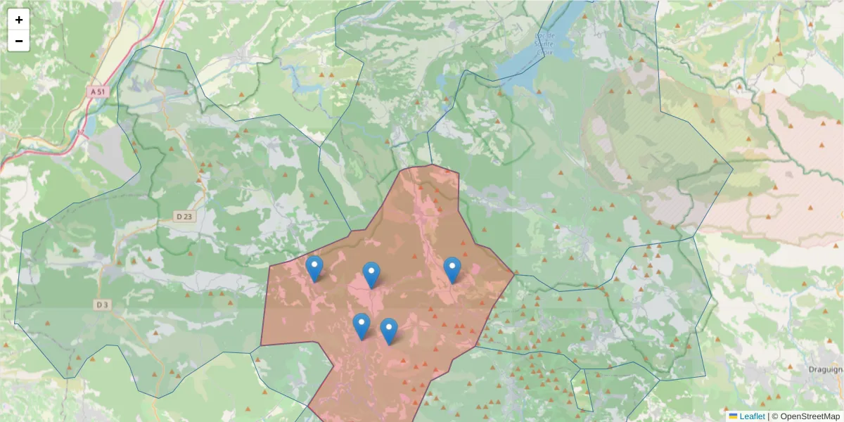 Carte de la zone du code postal  et des codes postaux voisins en France