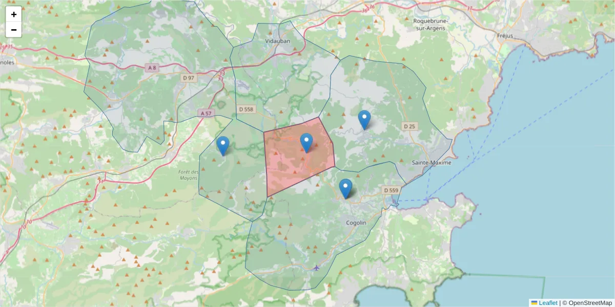 Carte de la zone du code postal  et des codes postaux voisins en France