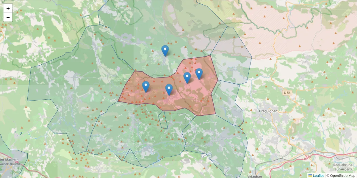 Carte de la zone du code postal  et des codes postaux voisins en France