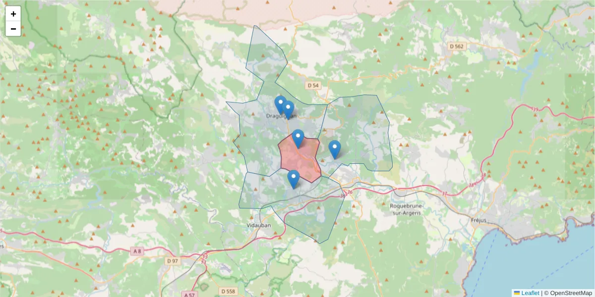 Carte de la zone du code postal  et des codes postaux voisins en France